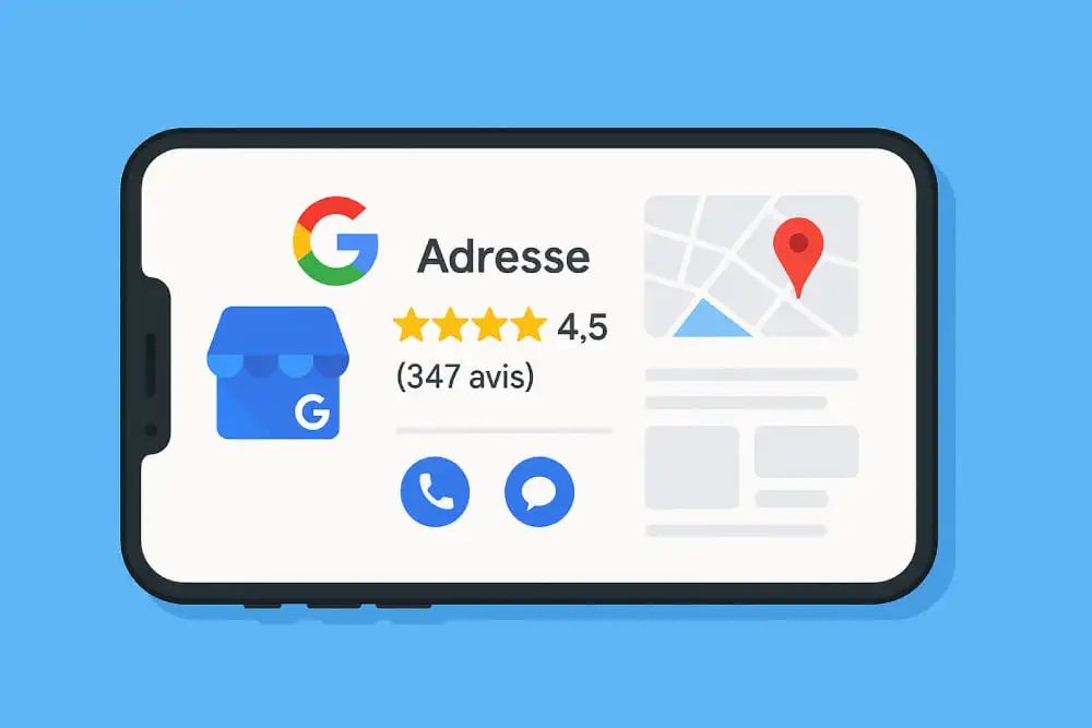 Illustration d’un smartphone affichant une fiche Google My Business optimisée avec étoiles, avis clients et carte Google Maps
